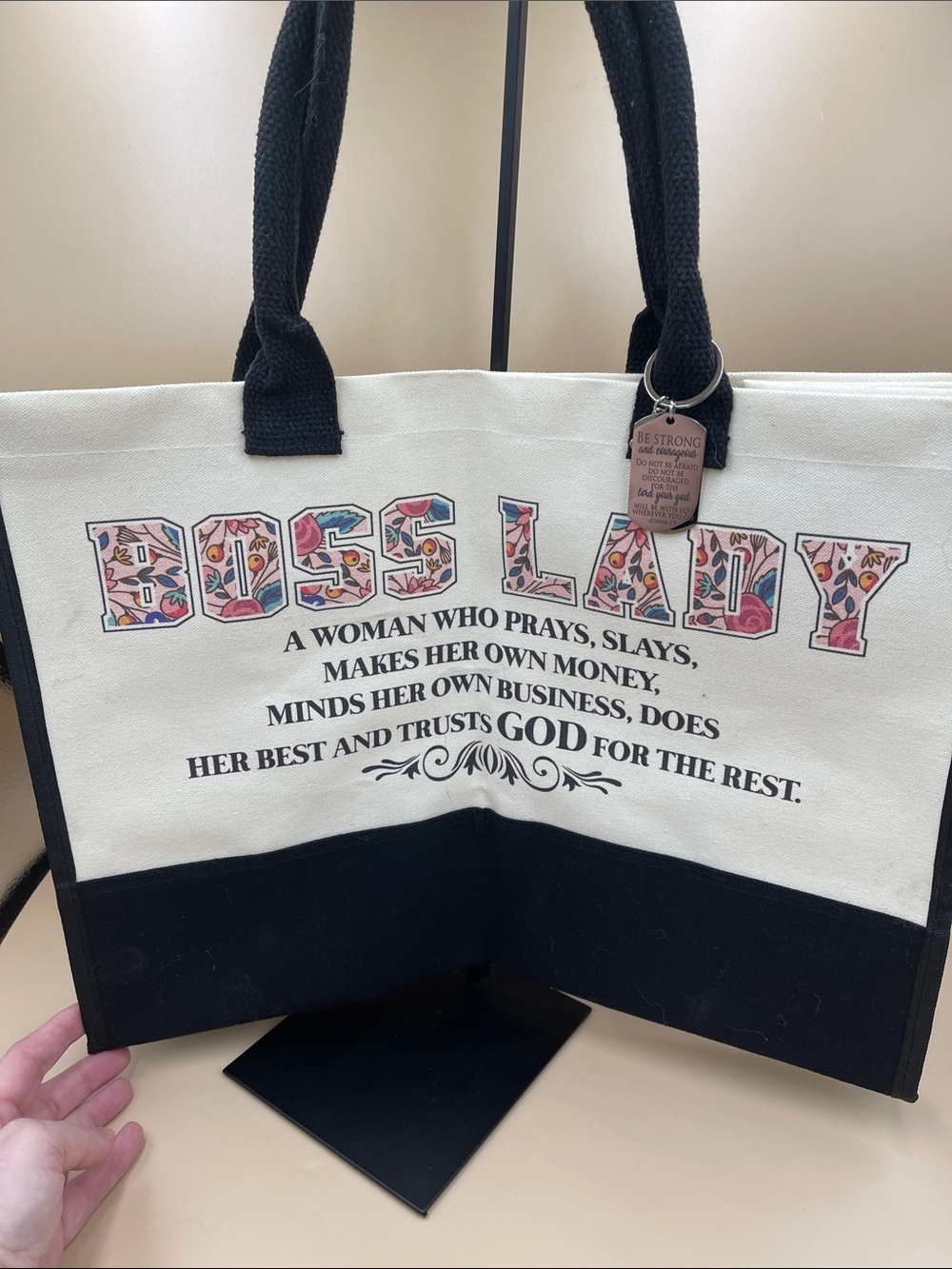 Boss Lady Canvas Tote Bag in Cream and Black